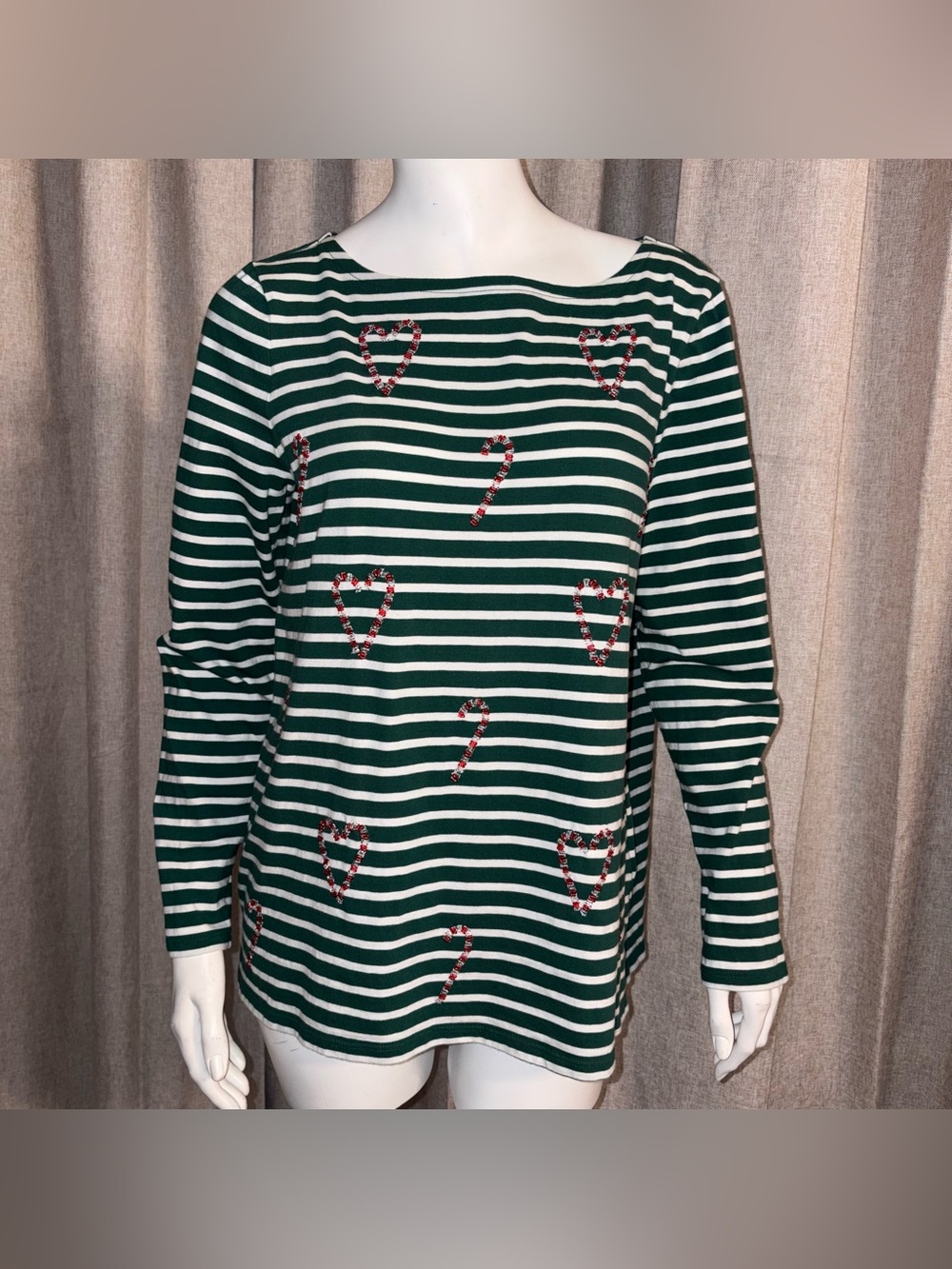 TALBOTS green white striped, crew neck long sleeve top with several beaded sz L